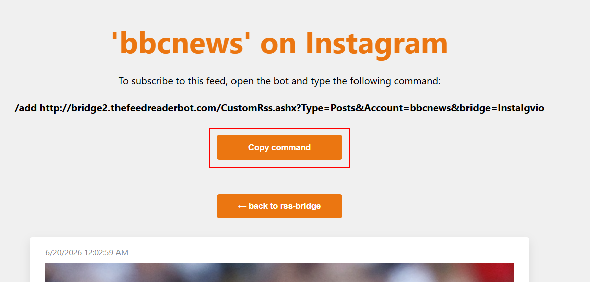 Generated Instagram bridge2 command with the Copy command button