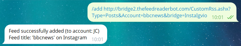 Copied Instagram bridge2 command pasted in The Feed Reader Bot