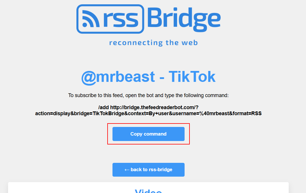 Generated TikTok bridge command with the Copy command button