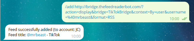 Copied TikTok bridge command pasted in The Feed Reader Bot